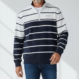 Henri Lloyd Men's Navy and White Striped Zip-Up Terry Lined Jersey Sweatshirt